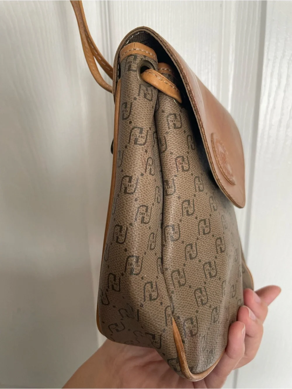 Vintage Yoland Brown/Tan Monogram Crossbody Shoulder Bag 8x2x6 inches
